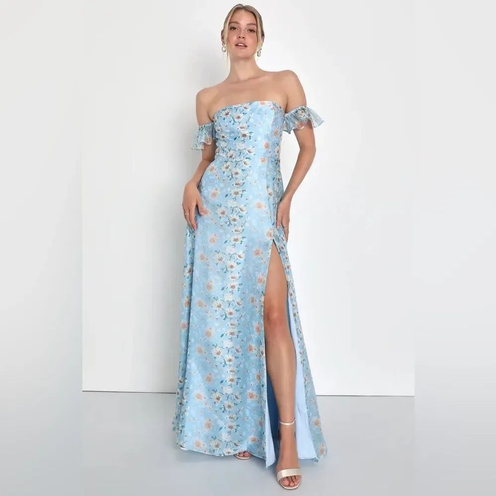 Lulus Endless Blooms Blue Floral Organza Off-the-Shoulder Maxi Dress Size S